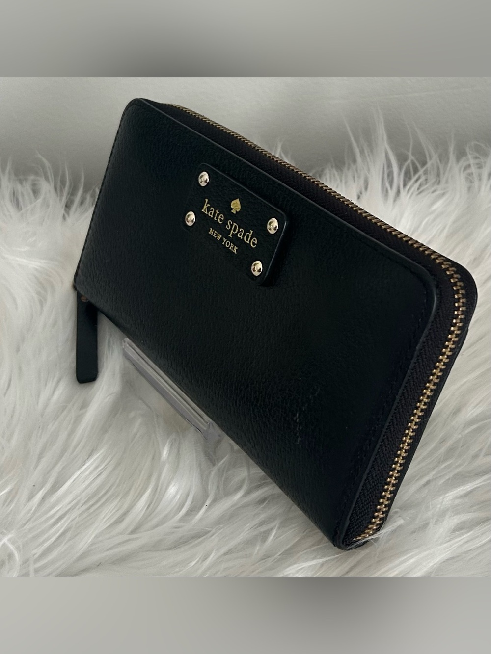 Kate Spade Black Leather Zip Around Continental Wallet Gold Logo - Picture 5 of 12